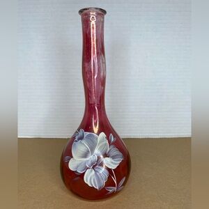 Vtg Cranberry Coloured Glass Bud Vase with Hand Painted Flower on Front